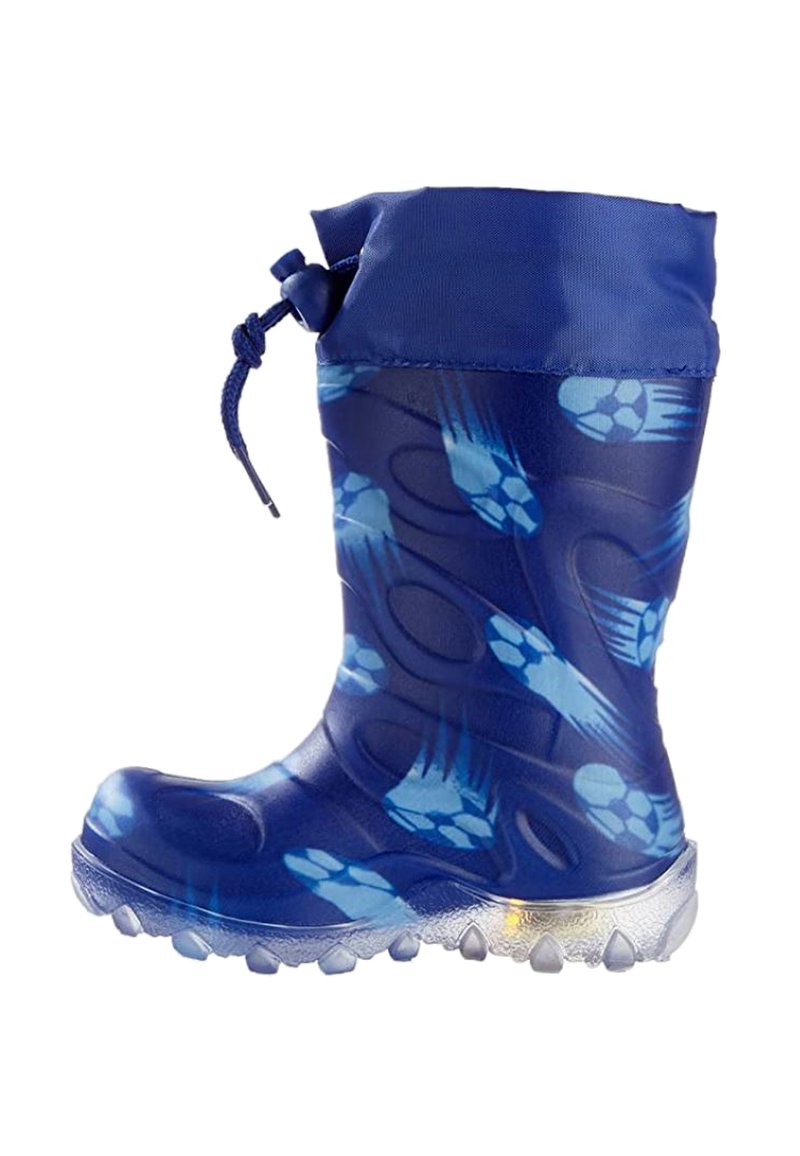 Bottes de pluie en caoutchouc bleues avec une finition brillante, arborant des motifs de pattes de chien bleu clair, une surface texturée et un cordon de serrage en haut.