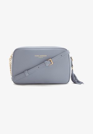 Sac bandoulière en cuir gris avec bandoulière réglable, boucle dorée, détail pompon et logo "Isabel Bernard Paris" au centre avant.