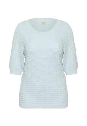 Pull tricoté bleu clair à manches courtes avec un motif carré texturé et un col rond festonné.