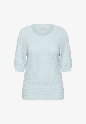 Lyseblå kortermet strikket genser med teksturert rutemønster og bølgete rund halslinning.