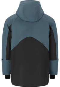 Wasserabweisende Jacke in Blau und Schwarz. Verfügt über eine Kapuze, lange Ärmel und ein farbblockiertes Design mit glatter Textur.
