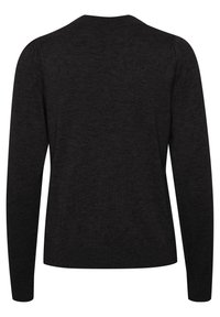 Mørkegrå strikket sweater, lange ærmer, rund halsudskæring, blød tekstur, ingen synlige mønstre, minimalistisk design, tætsiddende ved taljen.