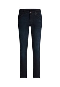 Jeans in denim scuro con una vestibilità slim, caratterizzati da un classico design a cinque tasche, chiusura con bottone e dettagli di cucitura sottili.