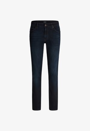 Dunkelblaue Jeans im Slim Fit, mit klassischem Fünf-Taschen-Design, Knopfverschluss und dezenten Nähdetails.