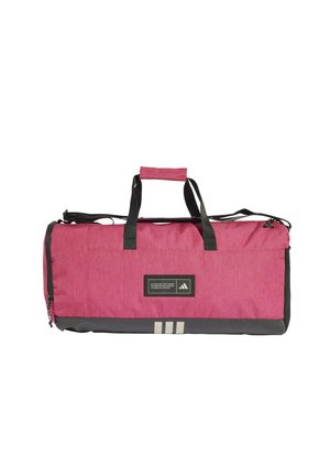 Borsa da palestra rossa con manici neri, base nera con tre strisce grigie e piccolo patch rettangolare con logo al centro.