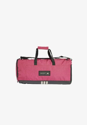 Borsa da palestra rossa con manici neri, base nera con tre strisce grigie e piccolo patch rettangolare con logo al centro.