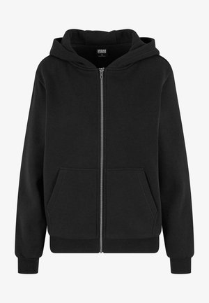 Schwarze Zip-Hoodie aus weichem Stoff, mit einer geräumigen Kängurutasche, gerippten Bündchen und einer gefütterten Kapuze. Einfaches, klassisches Design.