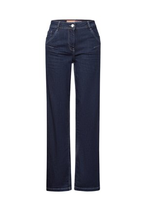 Dark blue denim jeans with a straight-leg cut, five pockets, and light stitching details. Features a button closure and belt loops.