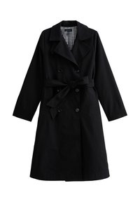 Czarny płaszcz trench z podwójnym zapięciem z przodu, w talii z paskiem i szerokimi klapami; posiada podszewkę w kratę gingham i długie rękawy.