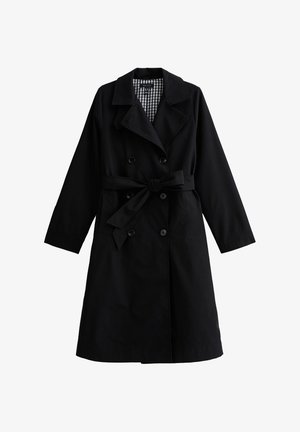 Abrigo negro tipo trench con cierre de doble botón, cintura ceñida con cinturón y solapas anchas; cuenta con un forro de cuadro de gingham y mangas largas.
