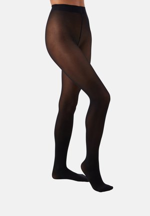 Zwarte doorschijnende panty’s met een gladde afwerking. Voorzien van een hoge tailleband en naadloos ontwerp. Zachte textuur, enkellengte en lichtgewicht materiaal.