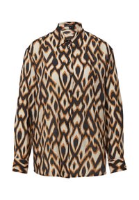 Langsleeve blouse van lichte stof met een abstract diamantpatroon in zwart, crème en roestkleuren, met een knoopsluiting aan de voorkant.