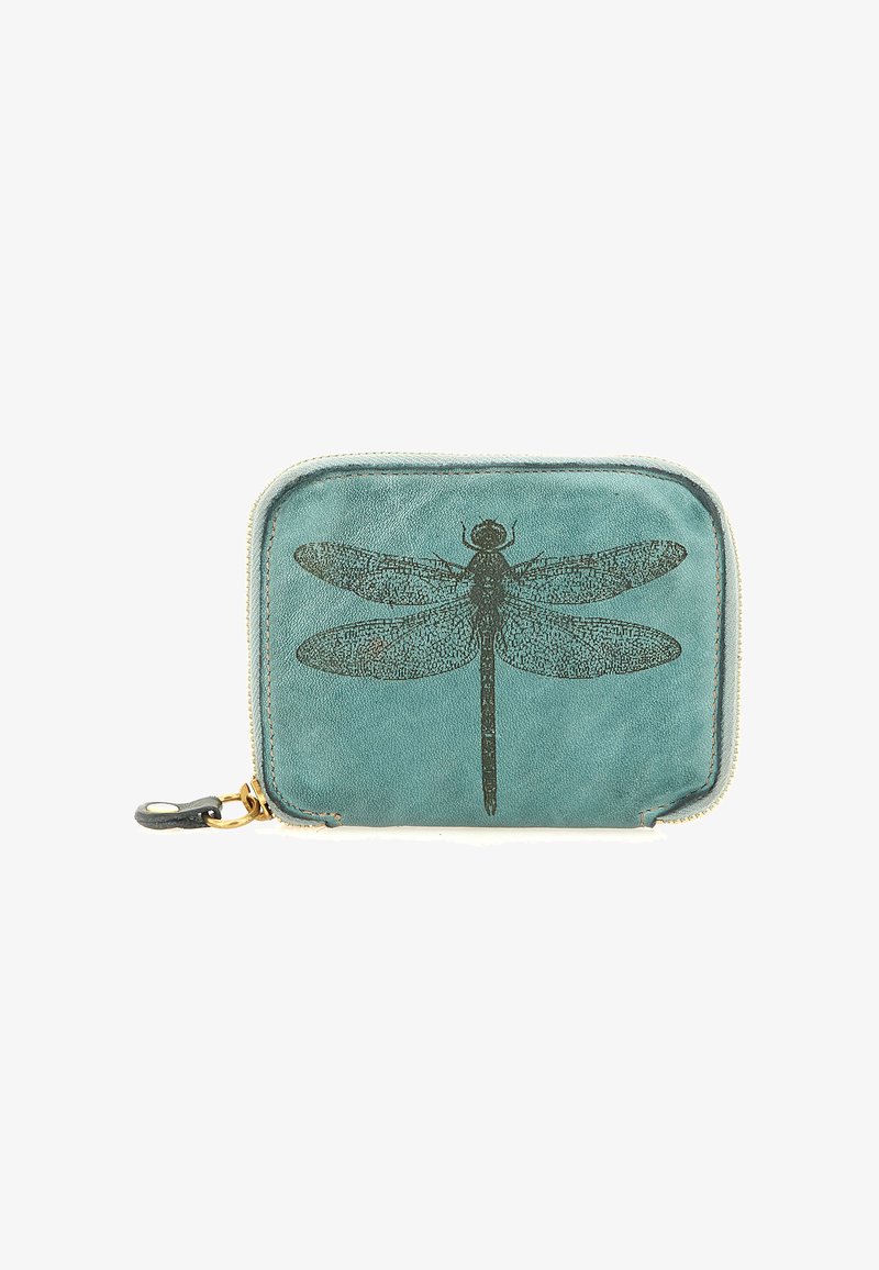 Portafoglio con zip color turchese, adornato da una stampa dettagliata di libellula nera sul fronte e un piccolo tirazip in pelle sul lato sinistro.