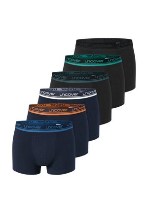 Cotton boxer briefs in navy, black, and dark grey. Elastic waistbands in various colors with "uncover" branding. Six pairs total.