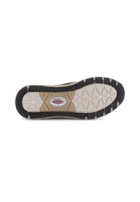 Semelle de chaussure avec une base en caoutchouc beige à motif ; bords en caoutchouc noir ; présente un logo et des motifs triangulaires texturés pour l'adhérence.
