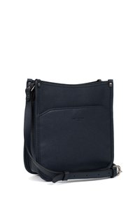Borsa a tracolla in pelle blu navy con una texture liscia, tracolla regolabile e tasca frontale. Presenta hardware minimale e un design semplice.