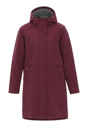 Burgundská nepremokavá bunda s kapucňou, so šedou vnútornou podšívkou, dvoma bočnými zipsovými vreckami a rovný strih.