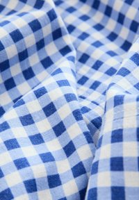 Blaue und weiße Karo-Stoff mit einer sanften Textur, der ein kariertes Muster und ein zerknittertes Erscheinungsbild aufweist und verschiedene Blautöne zeigt.