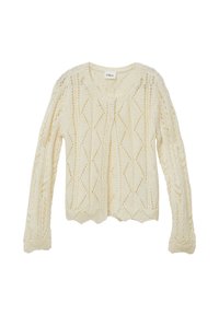 Cardigan en tricot couleur crème avec un motif en diamant, col rond, fermeture à deux boutons et ourlet en dentelle, avec des manches longues et un tissu texturé.