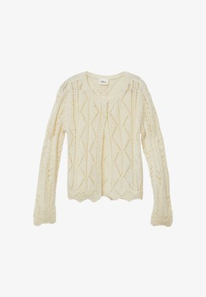 Cremfarbener Strickcardigan mit einem Rautenmuster, Rundhalsausschnitt, Zwei-Knopf-Verschluss und gewelltem Saum, mit langen Ärmeln und strukturiertem Stoff.