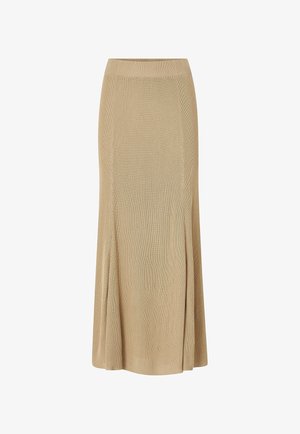 Beige gerippter Strickmaxirock mit einem figurbetonten Bund, der zwei Seitenschlitze für Bewegungsfreiheit und eine gleichmäßige Textur bietet.