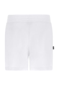 Bílé šortky vyrobené z hladkého materiálu, mají plochý pas a žádné viditelné kapsy ani vzory. Malá značková etiketa je na boku.