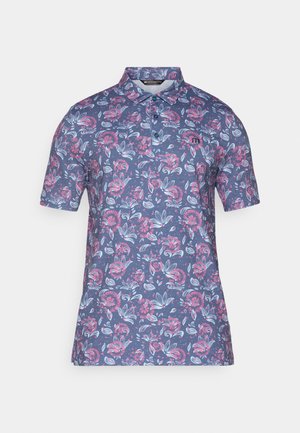 Tamsiai mėlynas polo marškinėliai su trumpomis rankovėmis, dekoruoti rožinės ir šviesiai mėlynos spalvos gėlių raštais. Su apykakle ir trimis mygtukais.