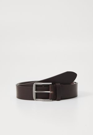 Brown leather belt with a silver rectangular buckle. Smooth texture, tapered end, and minimalistic design.
