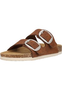 Bruine leren sandalen met twee verstelbare zilveren gespen, kurken voetbed en witte rubberen zool. Open teen ontwerp met een zachte textuur.