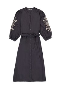 Dunkelblaues Knopfkleid mit V-Ausschnitt, voluminösen Puffärmel, floraler Stickerei an den Ärmeln und einem Taillenzug für Anpassungen.