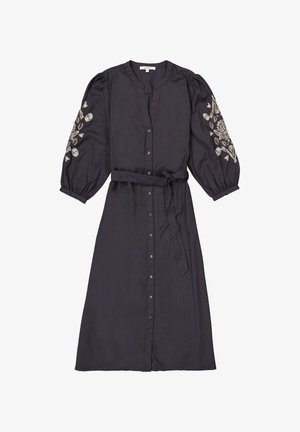 Dunkelblaues Knopfkleid mit V-Ausschnitt, voluminösen Puffärmel, floraler Stickerei an den Ärmeln und einem Taillenzug für Anpassungen.