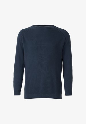 Donkerblauwe lange mouw trui gemaakt van geribbelde gebreide stof. Heeft een ronde hals en subtiele naden op de schouders.