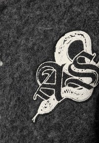 Serpent brodé en noir et blanc enroulé autour de lettres de style gothique sur un fond de tissu texturé foncé.