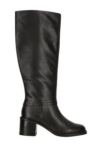 Svart knä-hög läderstövel med rund tå, kraftig klack, slät yta och subtila sömmar nära ankeln för extra designdetalj.