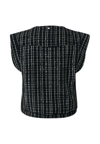 Top bez rukávů s černobílým vzorem, vyrobený z texturované látky s volným střihem; má kulatý výstřih a design zadního pásu.