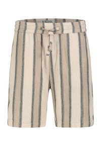 Striped shorts in beige and brown, made of lightweight fabric, featuring an elastic waistband and drawstring for adjustable fit.