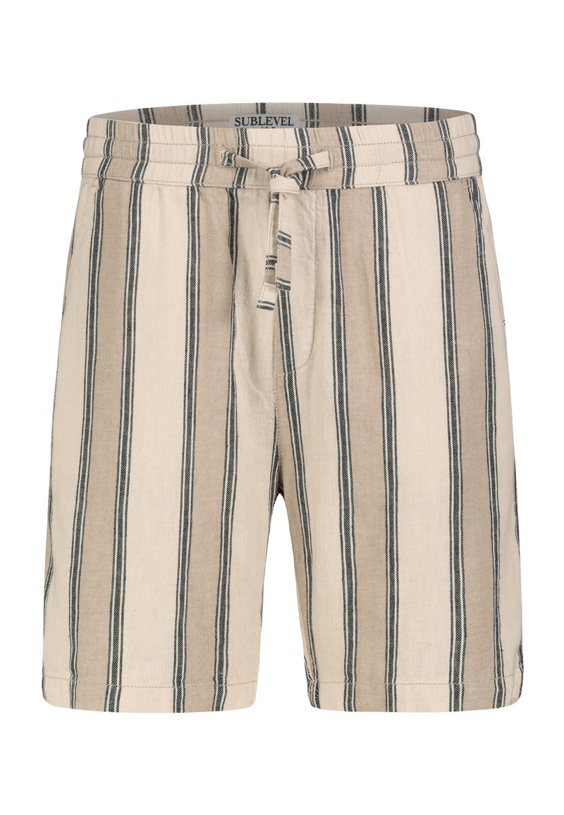 Striped shorts in beige and brown, made of lightweight fabric, featuring an elastic waistband and drawstring for adjustable fit.