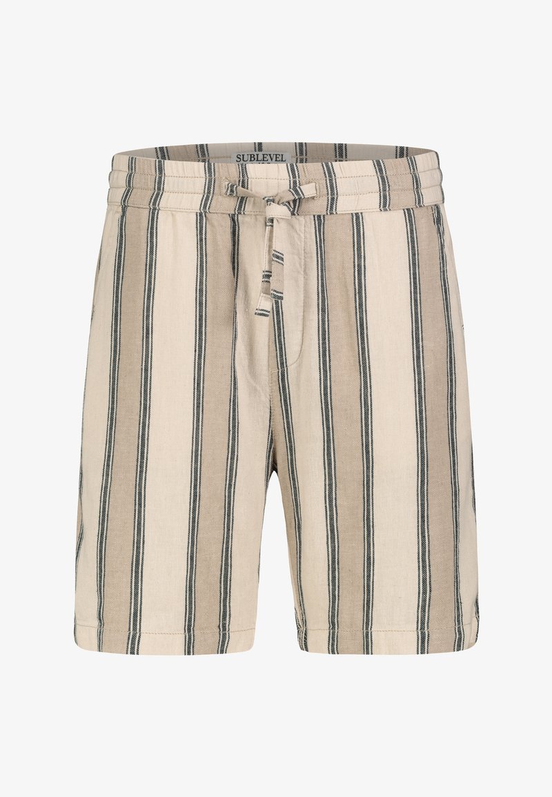 Striped shorts in beige and brown, made of lightweight fabric, featuring an elastic waistband and drawstring for adjustable fit.