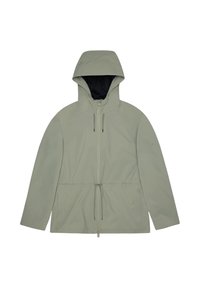 Chaqueta gris clara con capucha que presenta una cremallera frontal, cintura ajustable con cordón y puños elásticos. Textura suave con un diseño sencillo.