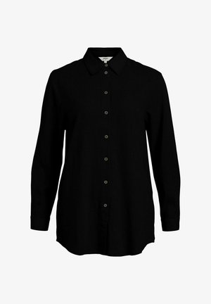 Juodas ilgomis rankovėmis marškinis su mygtukais priekyje, klasikiniu apykakle ir minkštos tekstūros audiniu. Yra subtilus audimo detalizavimas ir siauri rankogaliai.