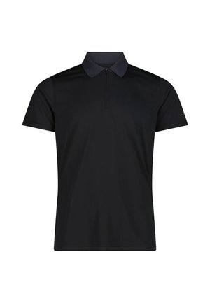 Polo de manga corta negro con cuello con cremallera y diseño sencillo, mostrado de frente sobre un fondo blanco.
