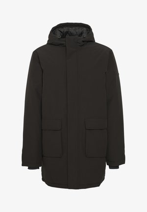 Juodas parka tipo paltas su kapuce, dviem priekinių kišenių, lygia tekstūra ir tiesiu kirpimu, tinkantis šaltam orui.