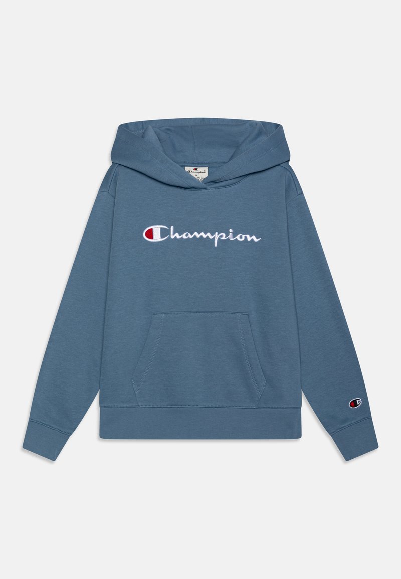 Modrá bavlněná mikina s kapucí s velkým vyšitým logem "Champion", přední kapsou a žebrovanými manžetami s logem na rukávu.