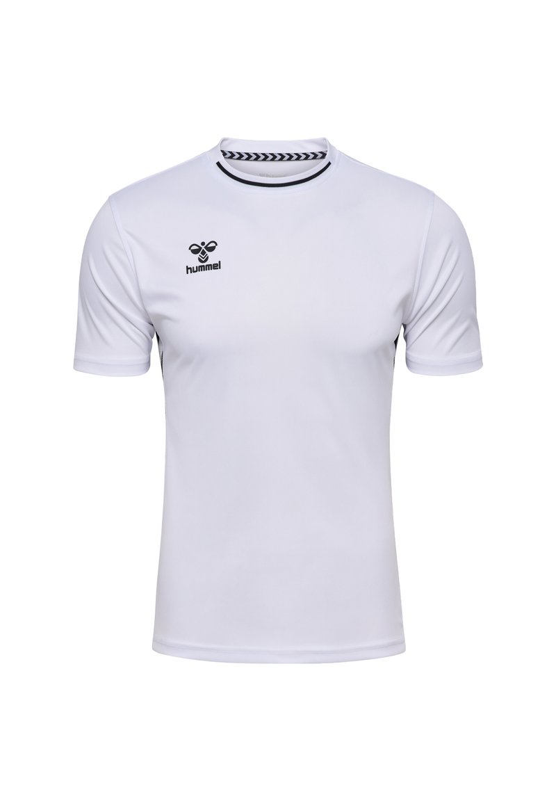 Vit idrottströja gjord av slätt, lättviktigt tyg. Har rund halsringning, korta ärmar och en svart logotyp på bröstet.