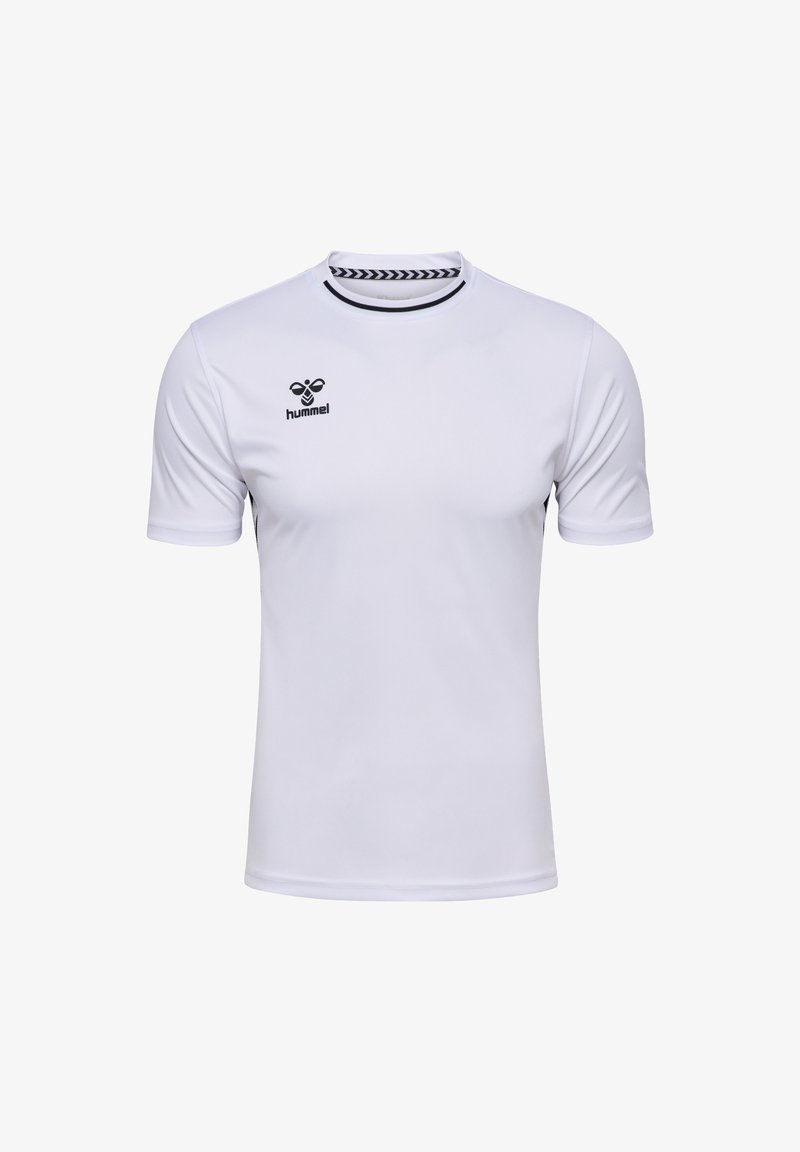 Vit idrottströja gjord av slätt, lättviktigt tyg. Har rund halsringning, korta ärmar och en svart logotyp på bröstet.