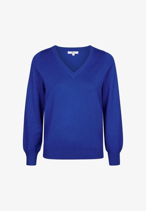 Blauwe V-hals trui met lange mouwen, gemaakt van een soepele gebreide stof. Heeft ribgebreide manchetten en zoom voor een slanke look.