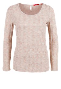 Lång ärm topp i ljusrosa med ett subtilt zigzagmönster, rundad halsringning och nyckelhål baktill. Mjuk, strukturerad tyg.