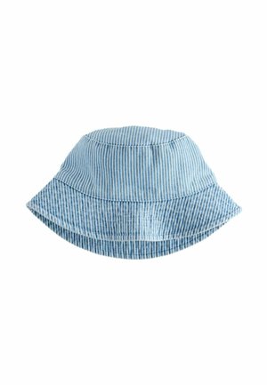 Light blue bucket hat with thin white vertical stripes and a wide, slightly floppy brim.