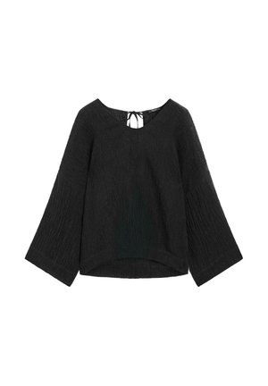 Czarna teksturowana bluzka z długim rękawem, szerokimi rękawami, okrągłym dekoltem i wiązaniem z tyłu.