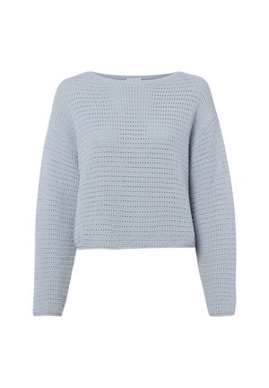 Light blue knitted long-sleeve sweater with a loose fit and textured open-weave pattern.